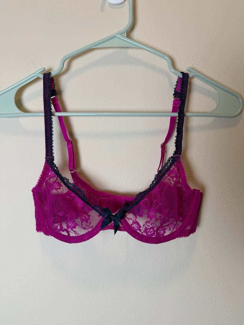 L'agent by Agent Provocateur Hot Pink and Navy Blue Lace Unlined Bra 34B